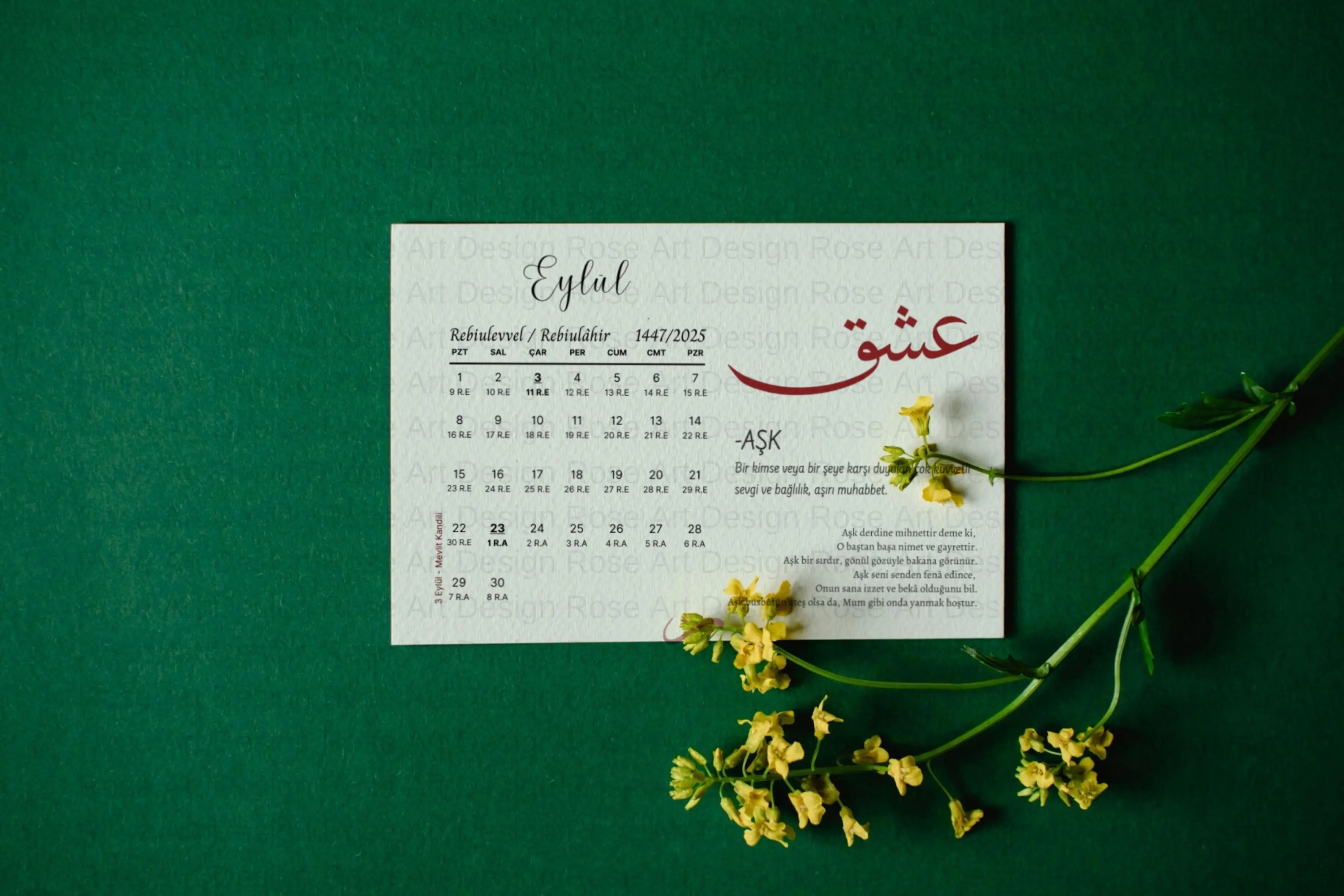 Takvim yapraklarında anlamlı kelimeler ve tanımları içeren tasarım